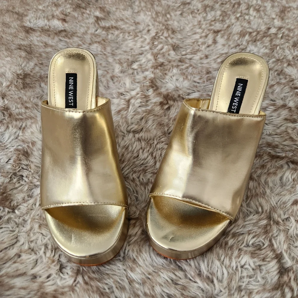Nine West‎ Flower Platform Slide Sandal Mules Gold Women's Size 6 1/2